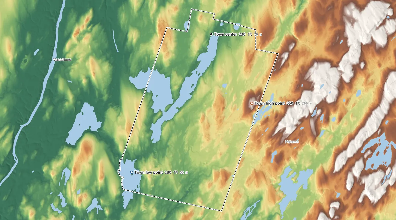 Topographic elevation map of China, Maine, shaded from 180 ft on the southwest side to 650 ft on the southeast side