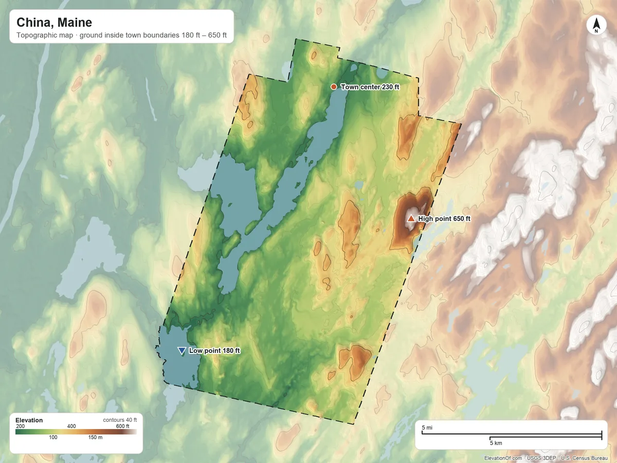 Topographic elevation map of China, Maine, shaded from 180 ft on the southwest side to 650 ft on the southeast side