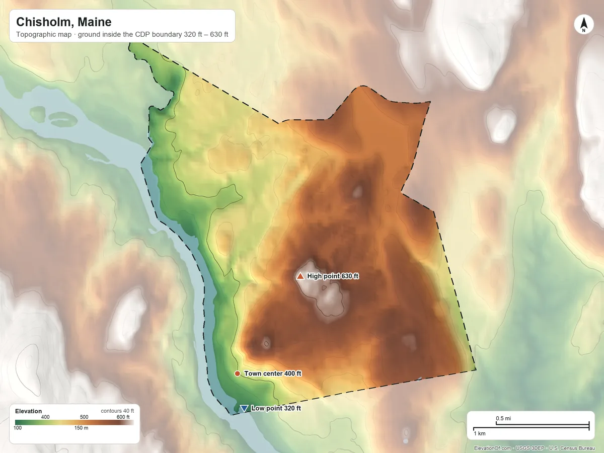 Topographic elevation map of Chisholm, Maine, shaded from 320 ft near the middle to 630 ft on the northeast edge, below higher ground just outside