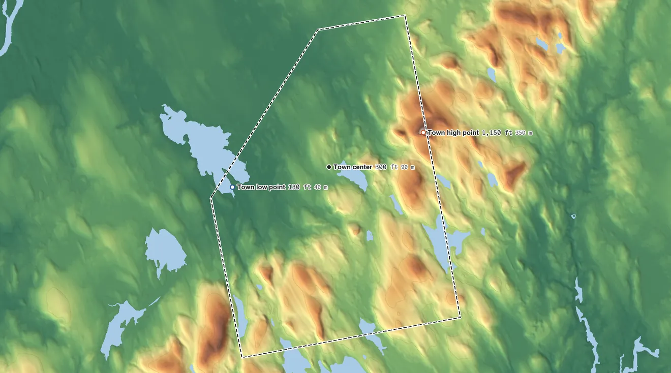 Topographic elevation map of Clifton, Maine, shaded from 130 ft on the west side to 1,150 ft on Peaked Mountain