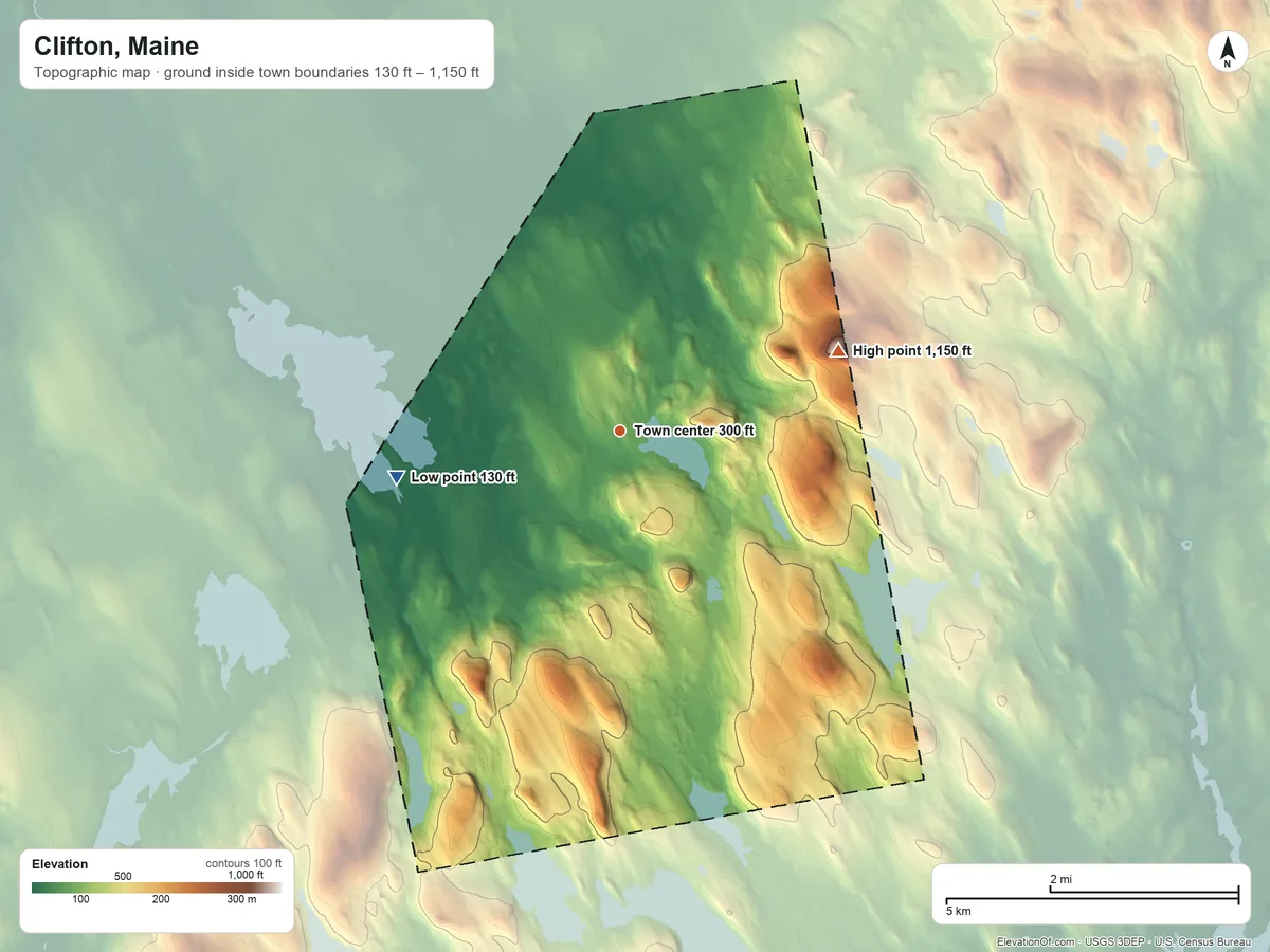 Topographic elevation map of Clifton, Maine, shaded from 130 ft on the west side to 1,150 ft on Peaked Mountain