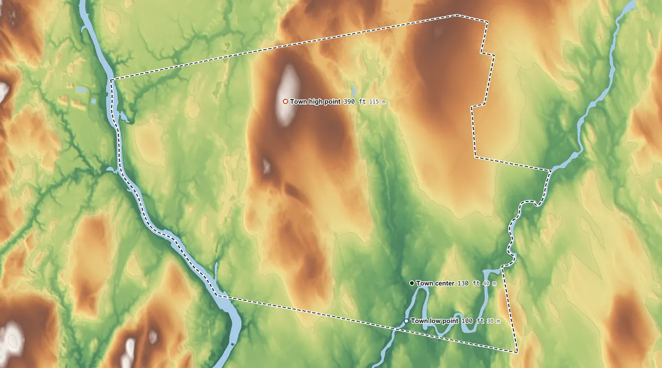 Topographic elevation map of Clinton, Maine, shaded from 100 ft near the middle to 390 ft on the northwest side