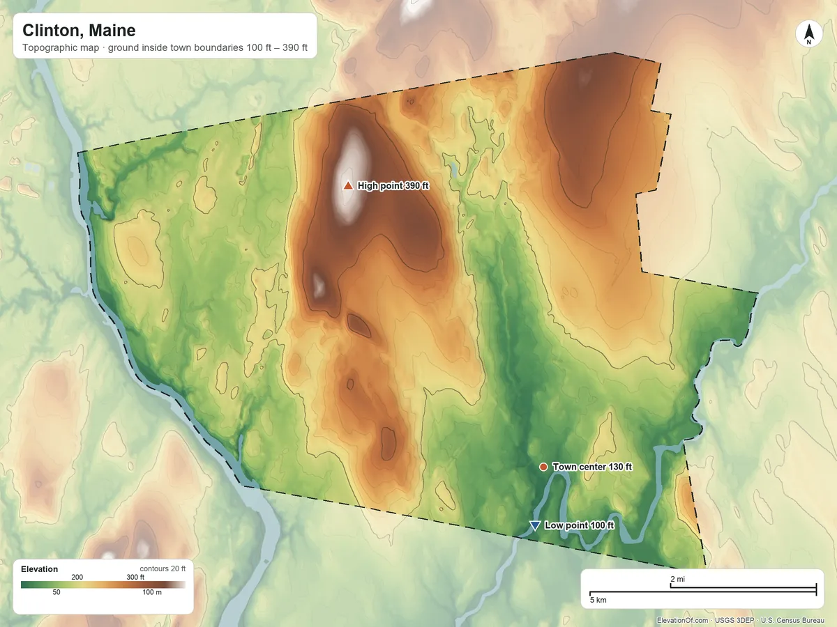 Topographic elevation map of Clinton, Maine, shaded from 100 ft near the middle to 390 ft on the northwest side