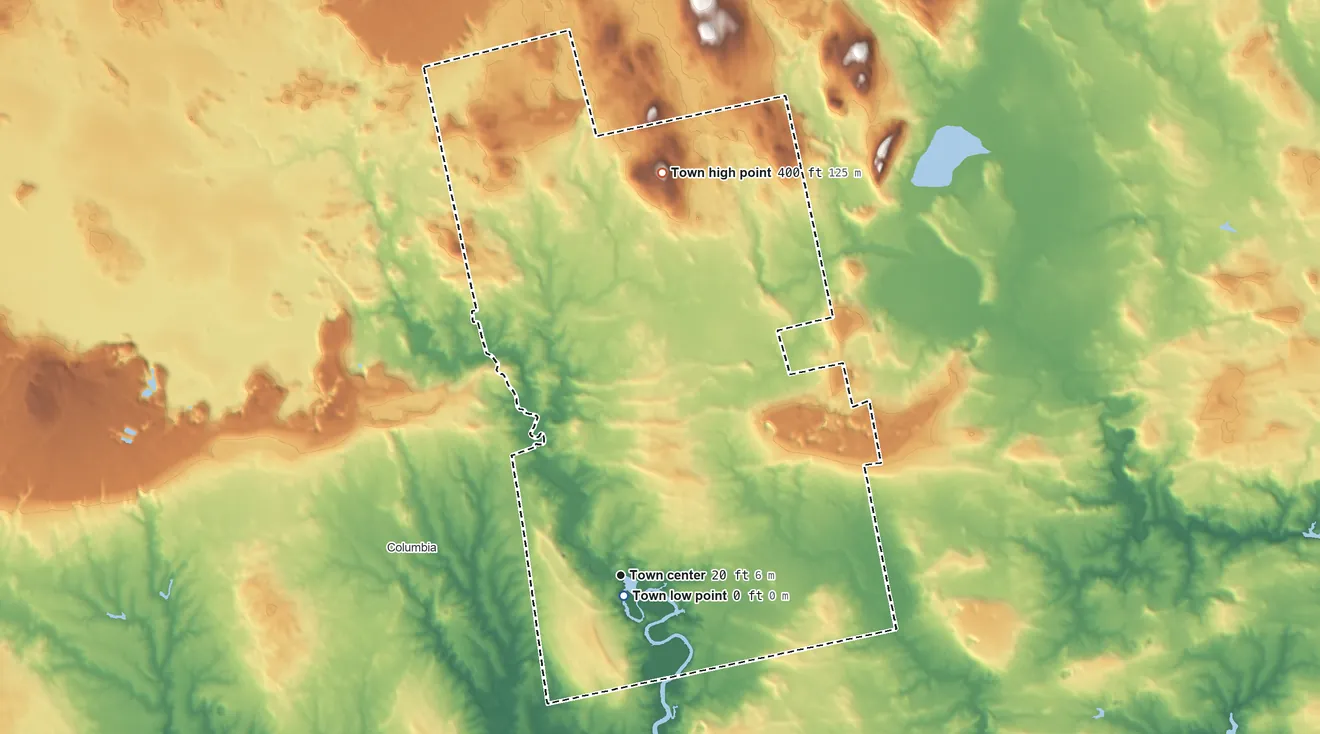 Topographic elevation map of Columbia Falls, Maine, shaded from 0 ft near the middle to 400 ft on Sugar Hill