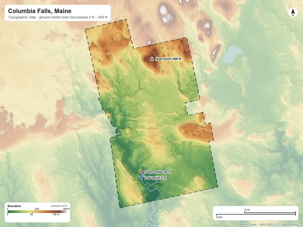 Topographic elevation map of Columbia Falls, Maine, shaded from 0 ft near the middle to 400 ft on Sugar Hill