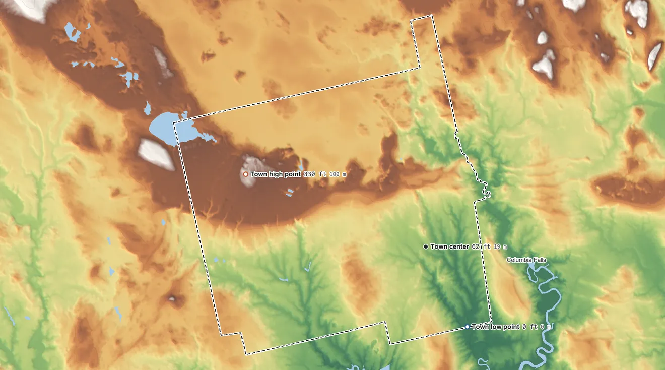 Topographic elevation map of Columbia, Maine, shaded from 0 ft on the southeast side to 330 ft on the west side