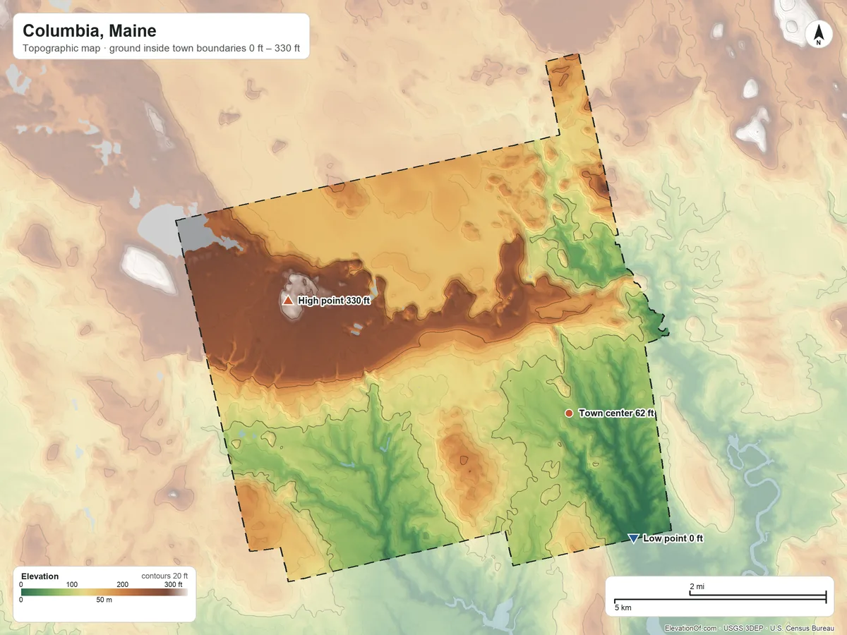 Topographic elevation map of Columbia, Maine, shaded from 0 ft on the southeast side to 330 ft on the west side