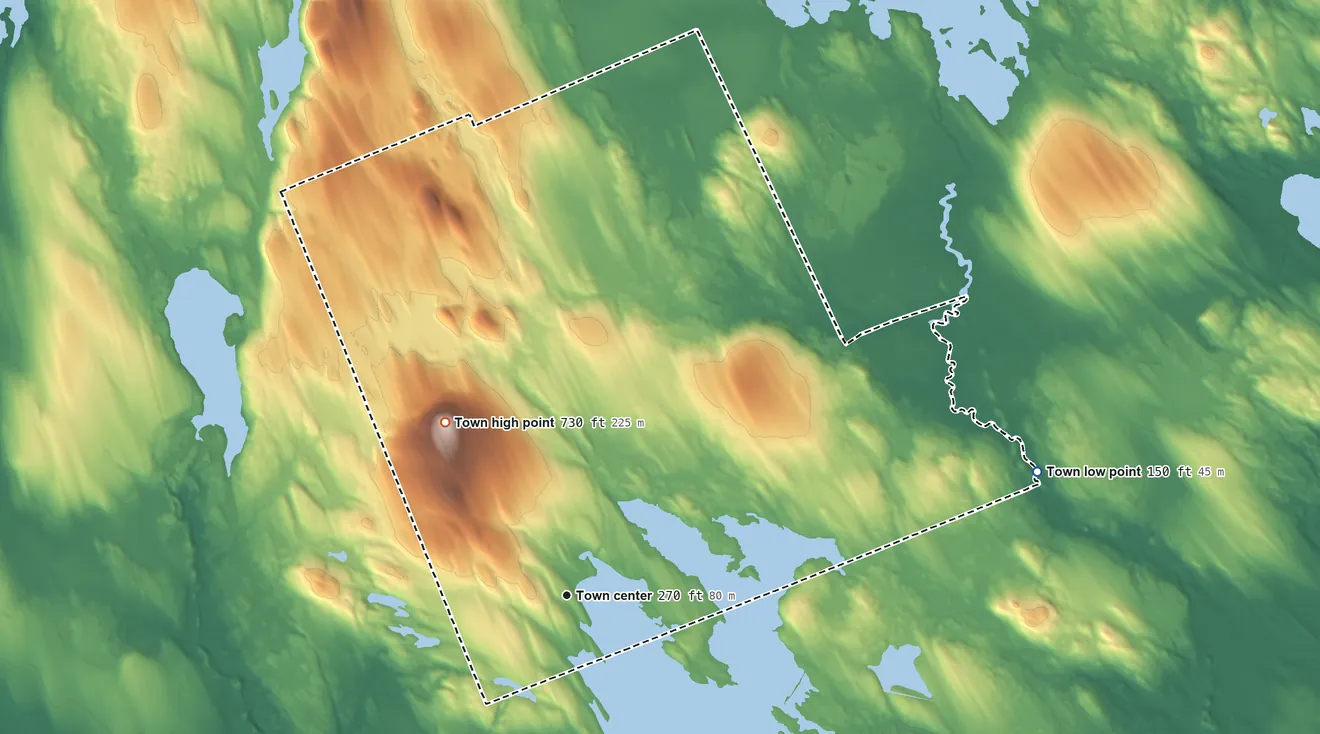 Topographic elevation map of Cooper, Maine, shaded from 150 ft on the east side to 734 ft on Cooper Hill