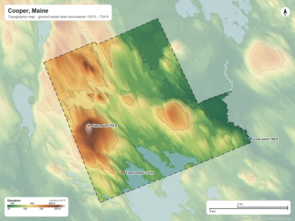 Topographic elevation map of Cooper, Maine, shaded from 150 ft on the east side to 734 ft on Cooper Hill