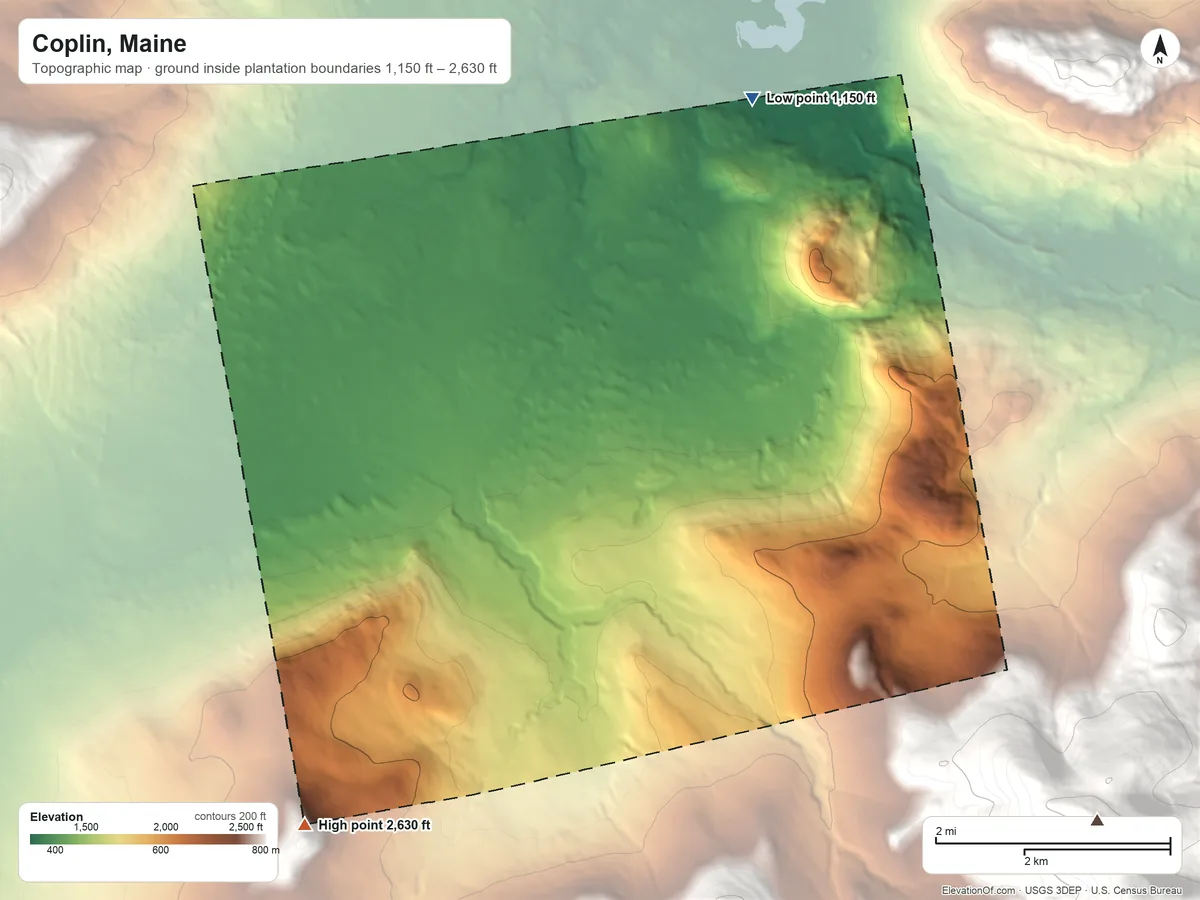 Topographic elevation map of Coplin, Maine, shaded from 1,150 ft on the north side to 2,630 ft on the southwest edge, below higher ground just outside