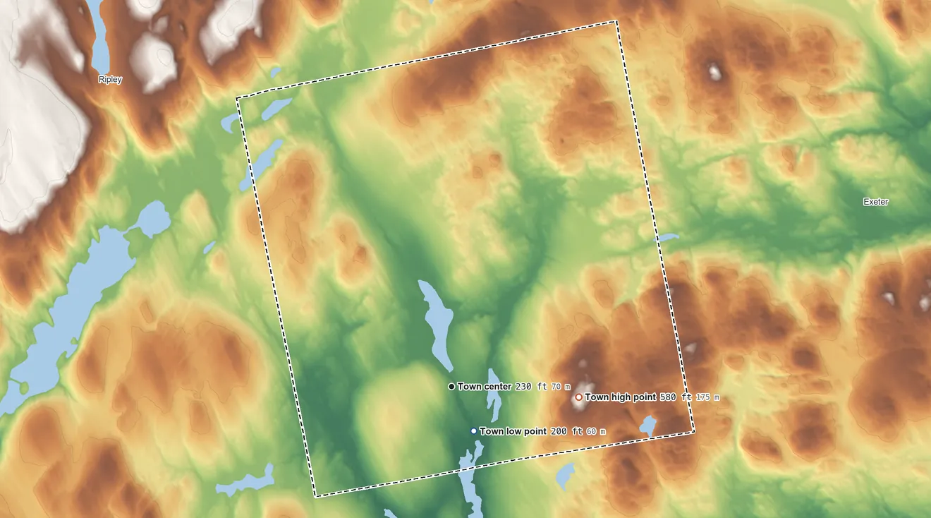 Topographic elevation map of Corinna, Maine, shaded from 200 ft near the middle to 580 ft on the east side