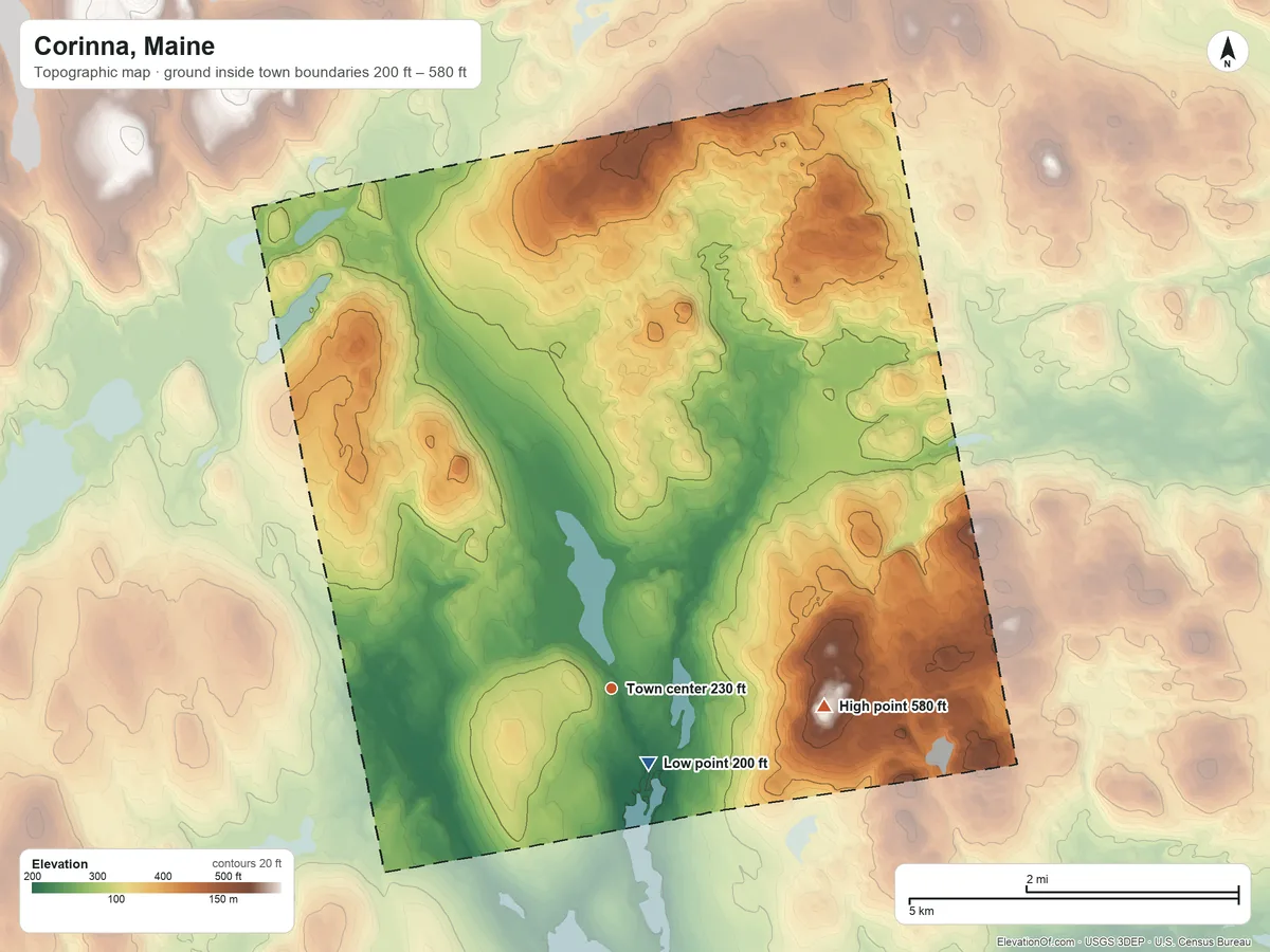 Topographic elevation map of Corinna, Maine, shaded from 200 ft near the middle to 580 ft on the east side