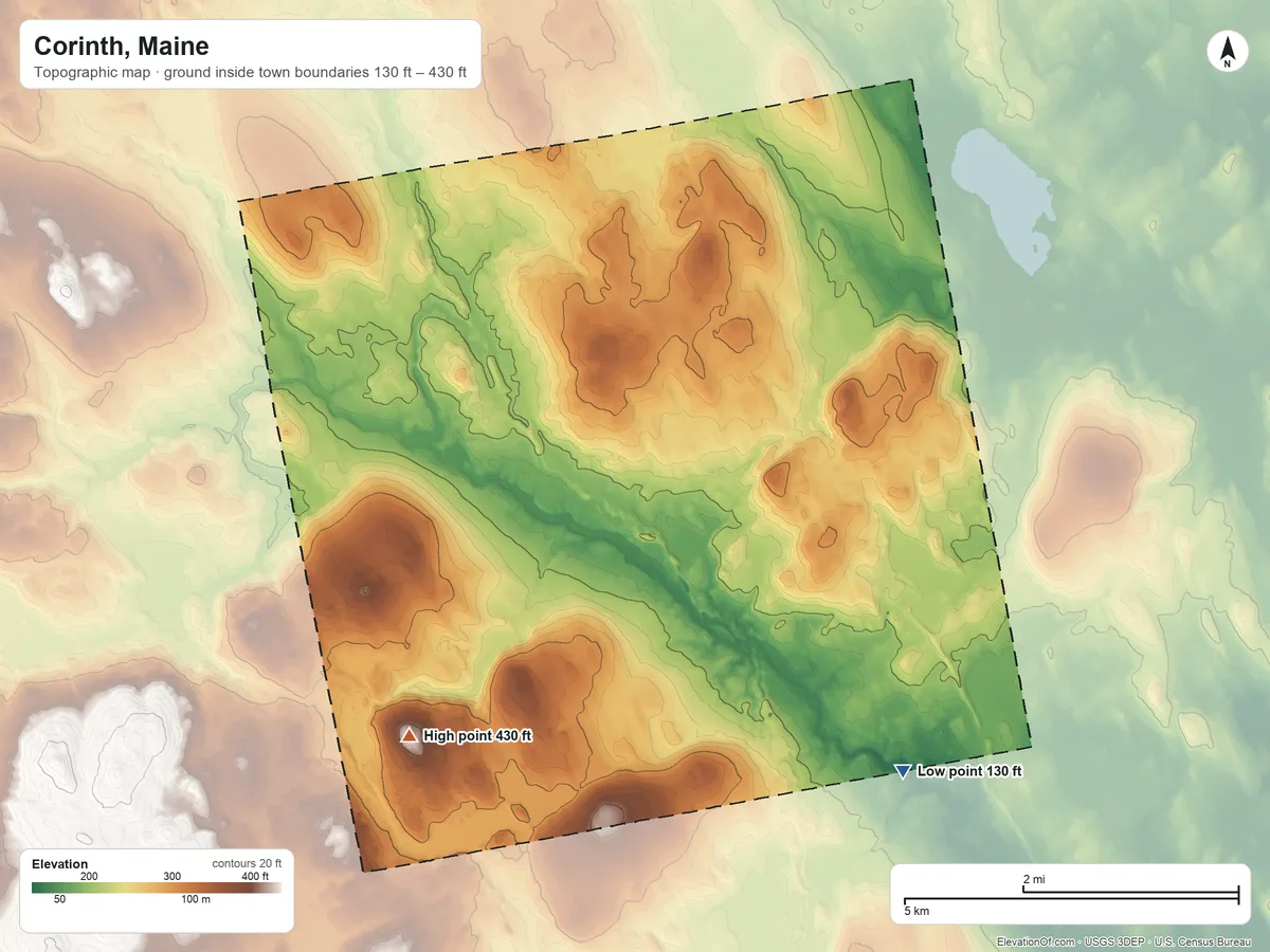 Topographic elevation map of Corinth, Maine, shaded from 130 ft on the southeast side to 430 ft on the southwest side