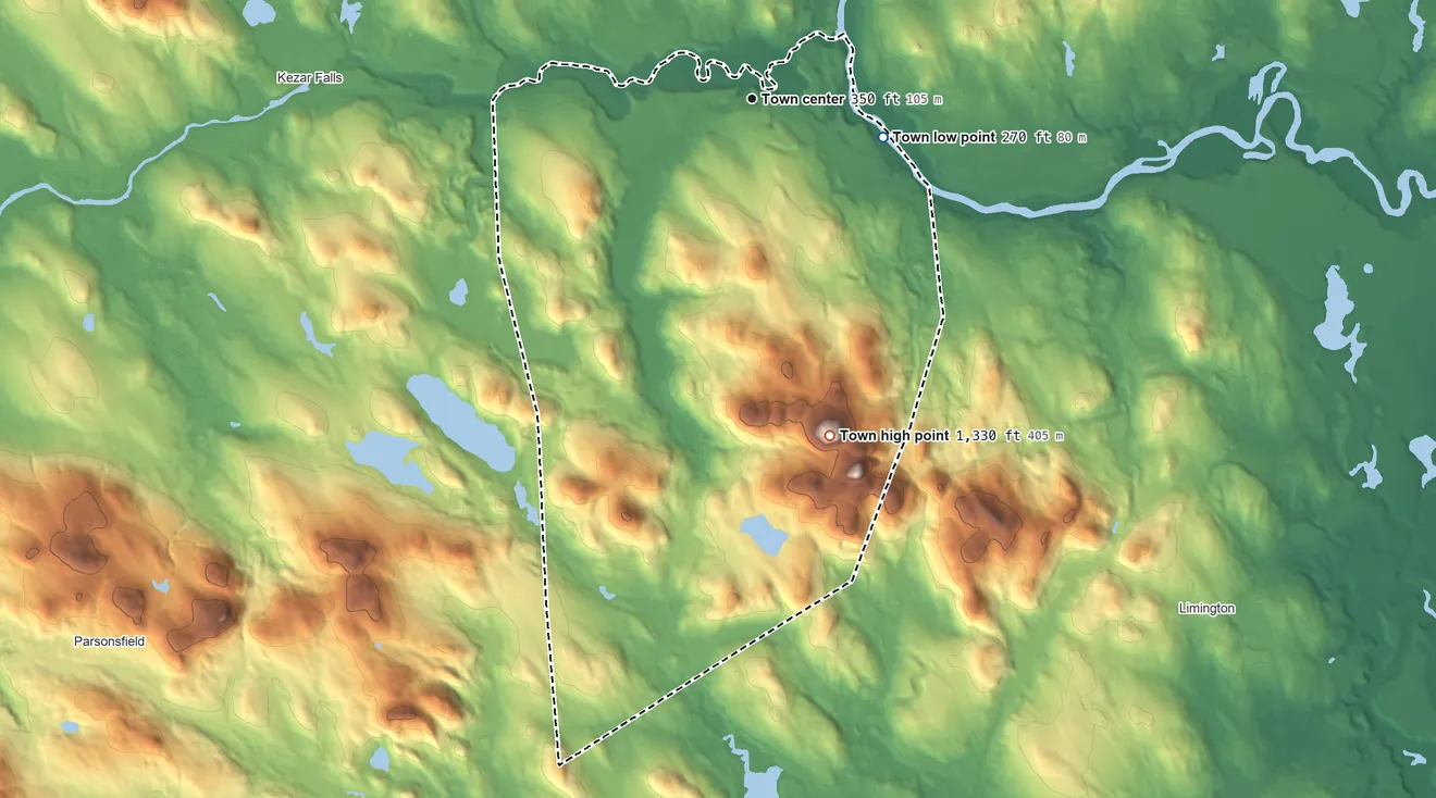 Topographic elevation map of Cornish, Maine, shaded from 270 ft on the east side to 1,330 ft on Clark Mountain