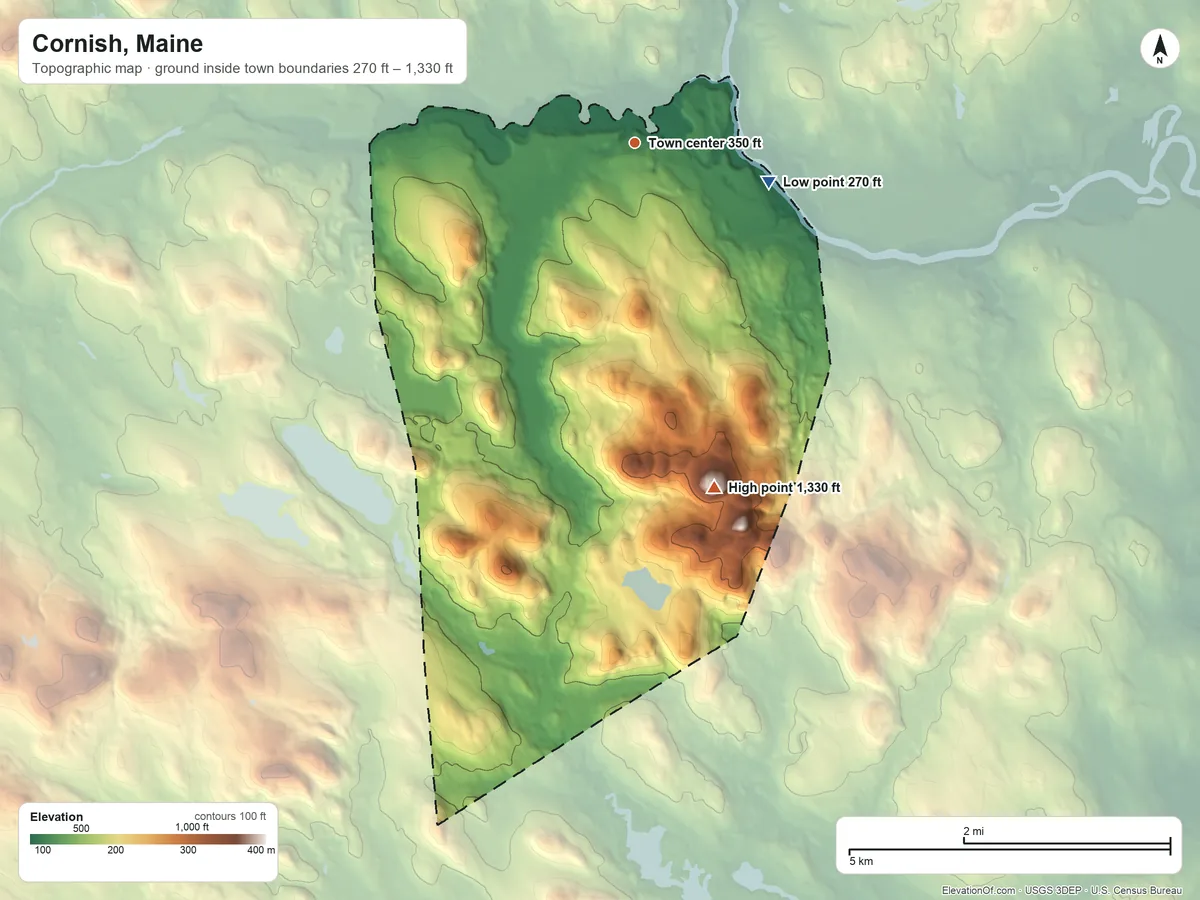 Topographic elevation map of Cornish, Maine, shaded from 270 ft on the east side to 1,330 ft on Clark Mountain