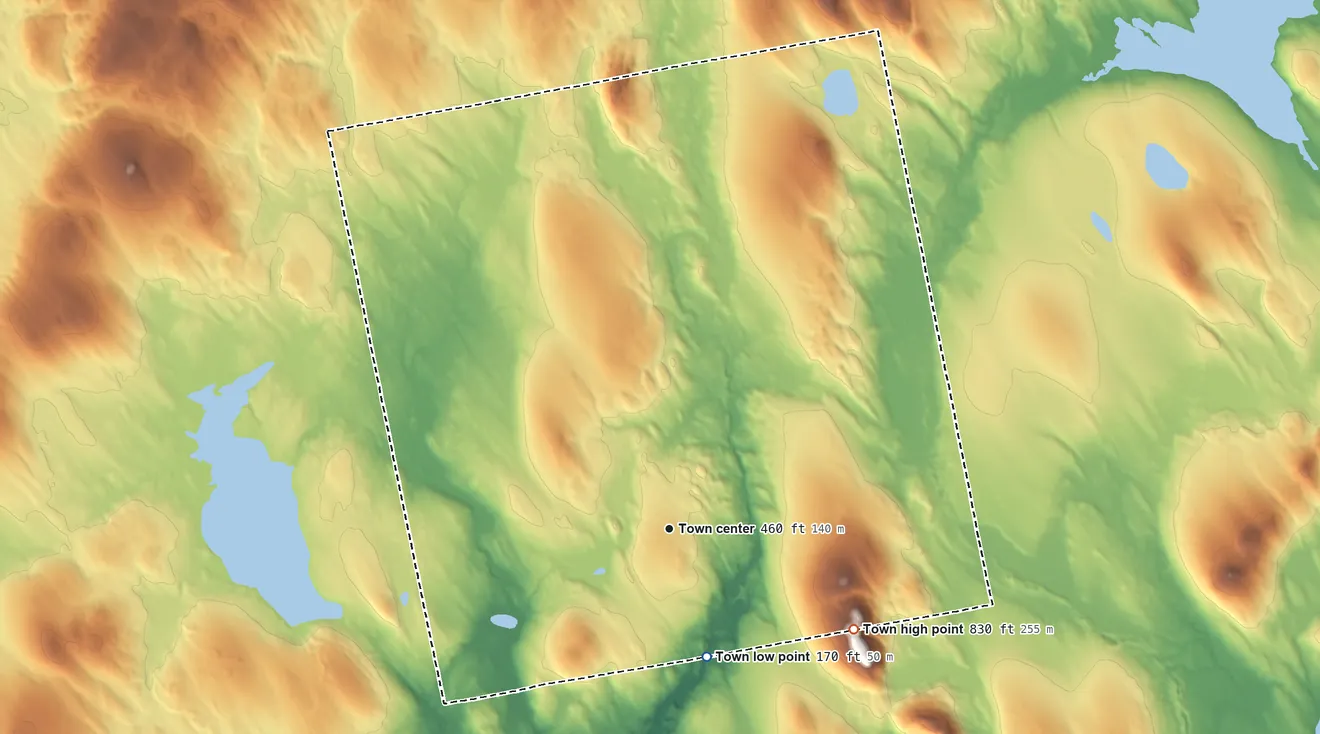 Topographic elevation map of Cornville, Maine, shaded from 170 ft on the south side to 830 ft on the southeast side
