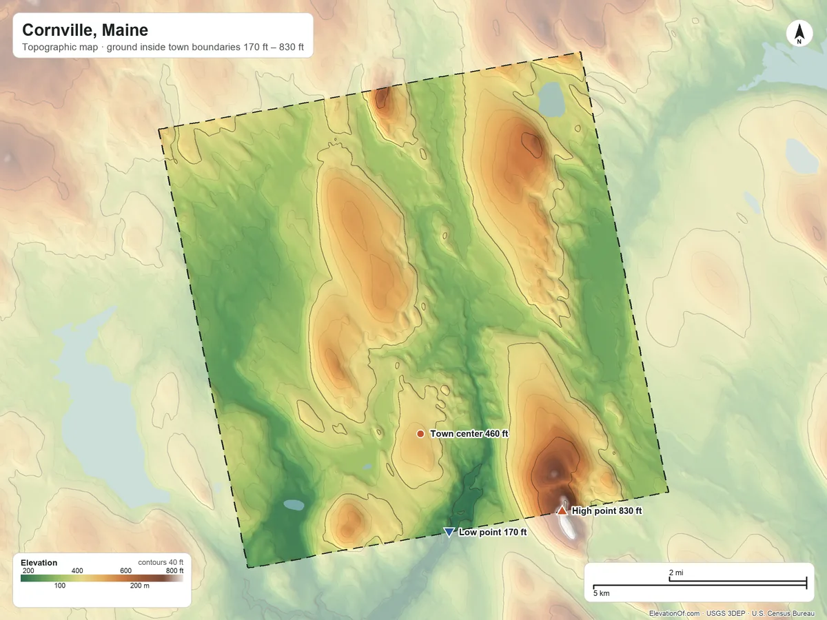 Topographic elevation map of Cornville, Maine, shaded from 170 ft on the south side to 830 ft on the southeast side