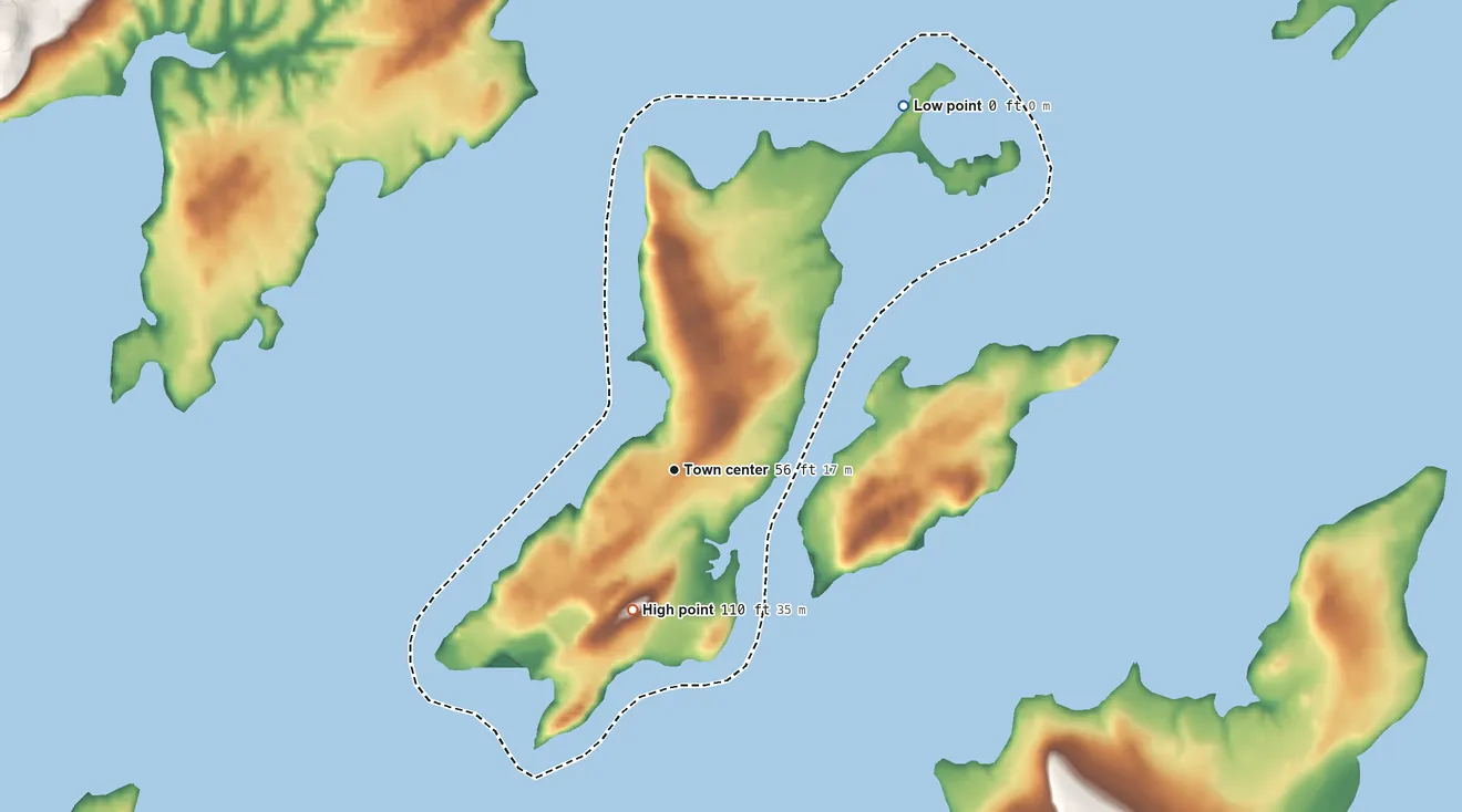 Topographic elevation map of Cousins Island, Maine, shaded from sea level level on Casco Bay to 110 ft on the south side
