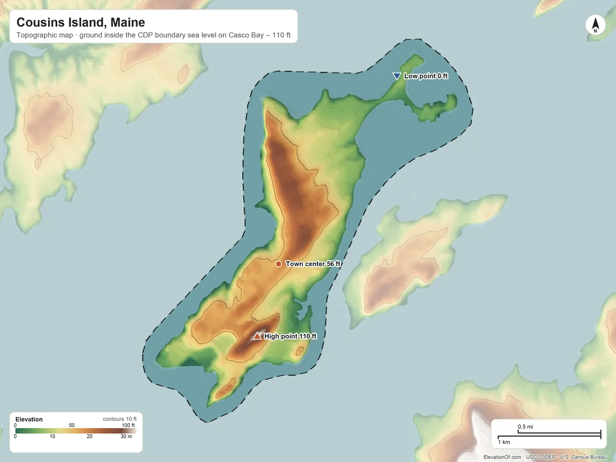 Topographic elevation map of Cousins Island, Maine, shaded from sea level level on Casco Bay to 110 ft on the south side