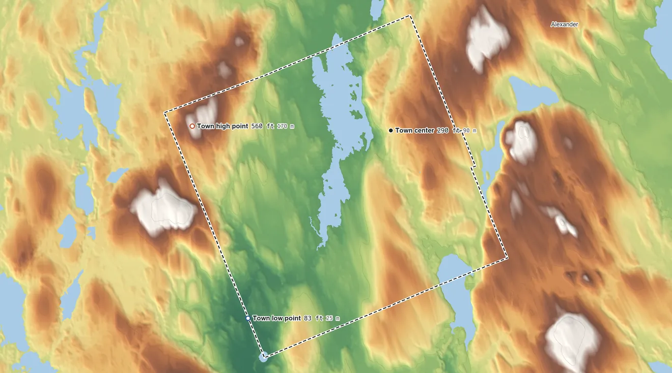 Topographic elevation map of Crawford, Maine, shaded from 83 ft on the southwest side to 560 ft on the west side