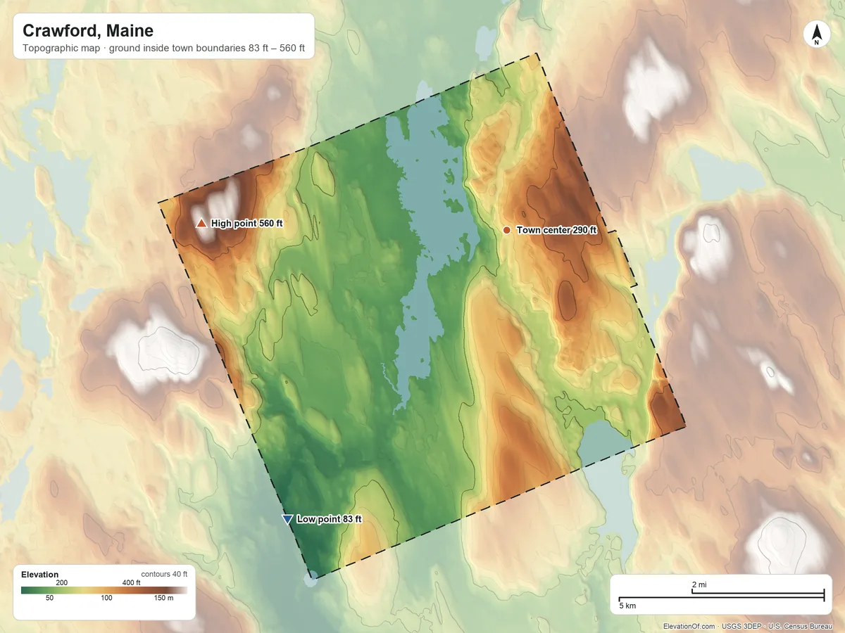 Topographic elevation map of Crawford, Maine, shaded from 83 ft on the southwest side to 560 ft on the west side