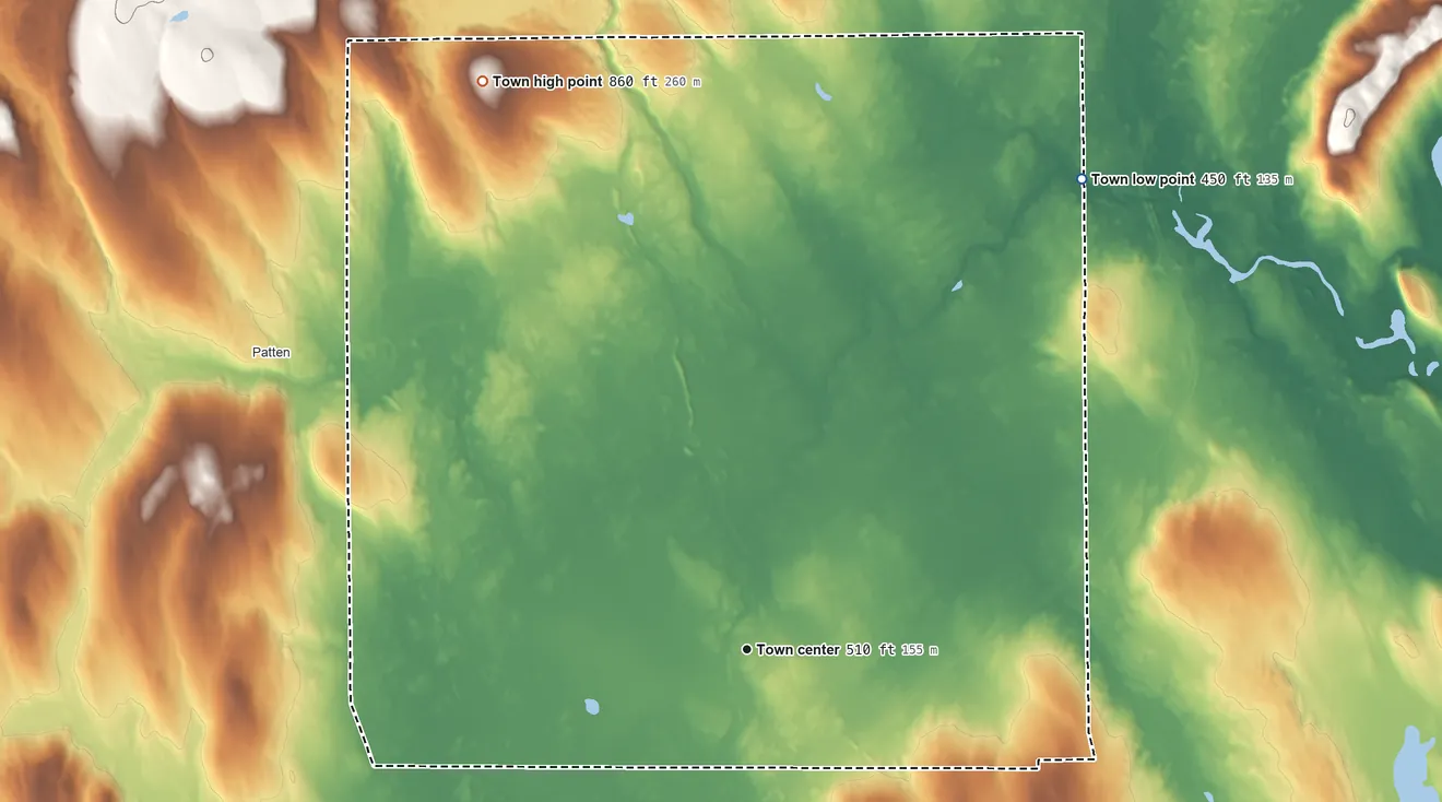 Topographic elevation map of Crystal, Maine, shaded from 450 ft on the northeast side to 860 ft on the northwest side