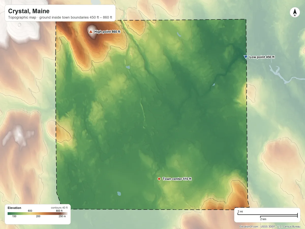 Topographic elevation map of Crystal, Maine, shaded from 450 ft on the northeast side to 860 ft on the northwest side