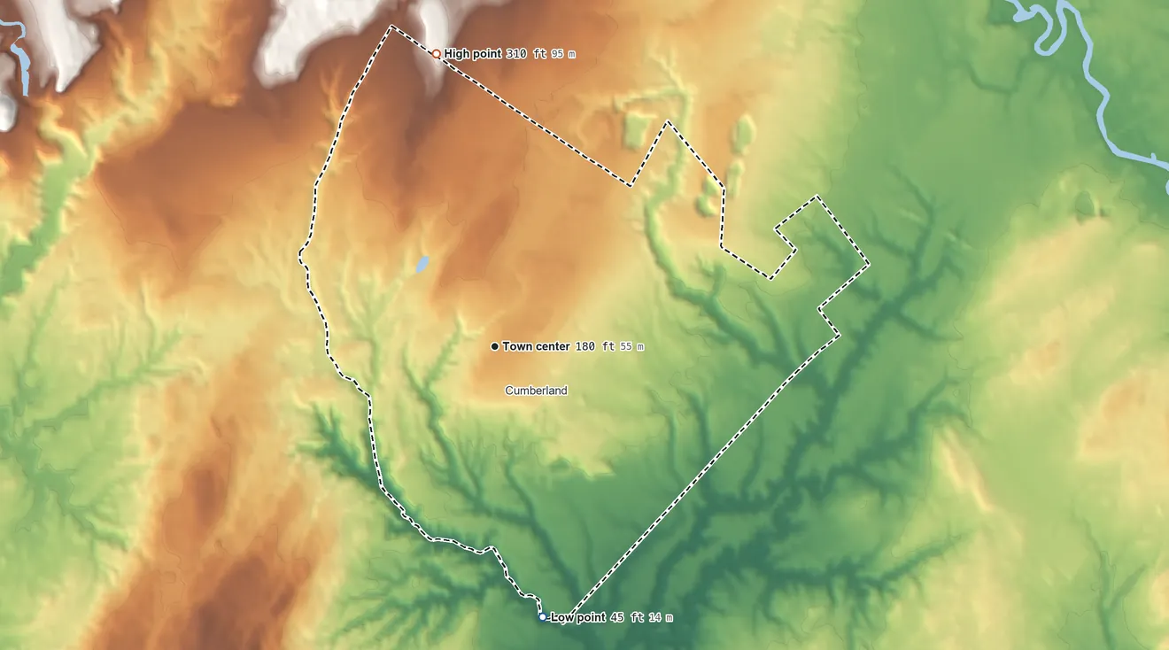 Topographic elevation map of Cumberland Center, Maine, shaded from 45 ft on the south side to 310 ft on the north side