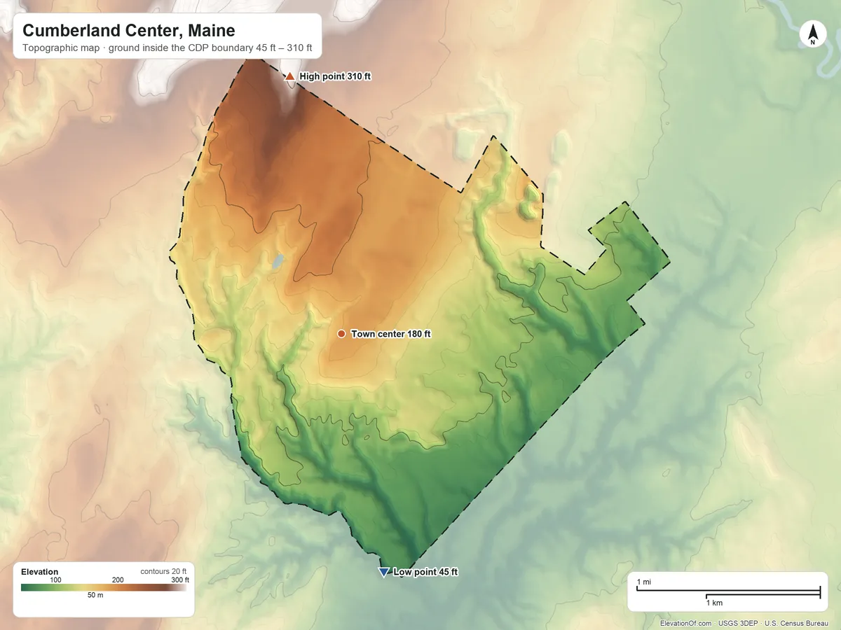 Topographic elevation map of Cumberland Center, Maine, shaded from 45 ft on the south side to 310 ft on the north side