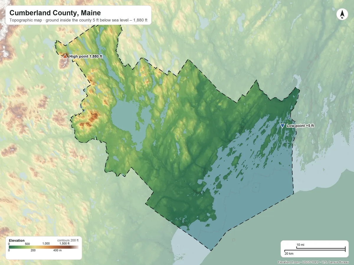 Topographic elevation map of Cumberland County, Maine, shaded from 5 ft below sea level on the east side to 1,880 ft on the northwest side