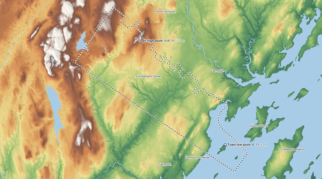 Topographic elevation map of Cumberland, Maine, shaded from sea level level on Casco Bay to 450 ft on the northwest side