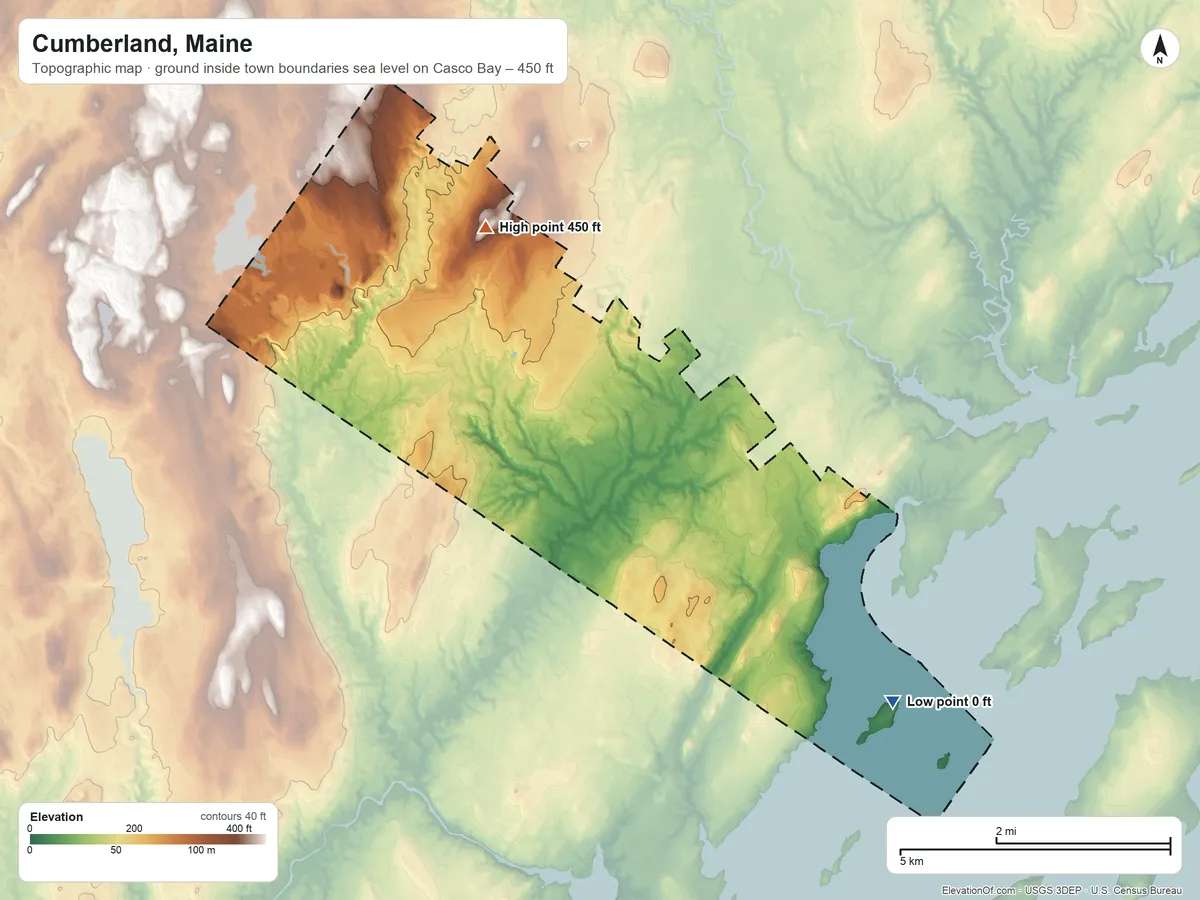 Topographic elevation map of Cumberland, Maine, shaded from sea level level on Casco Bay to 450 ft on the northwest side