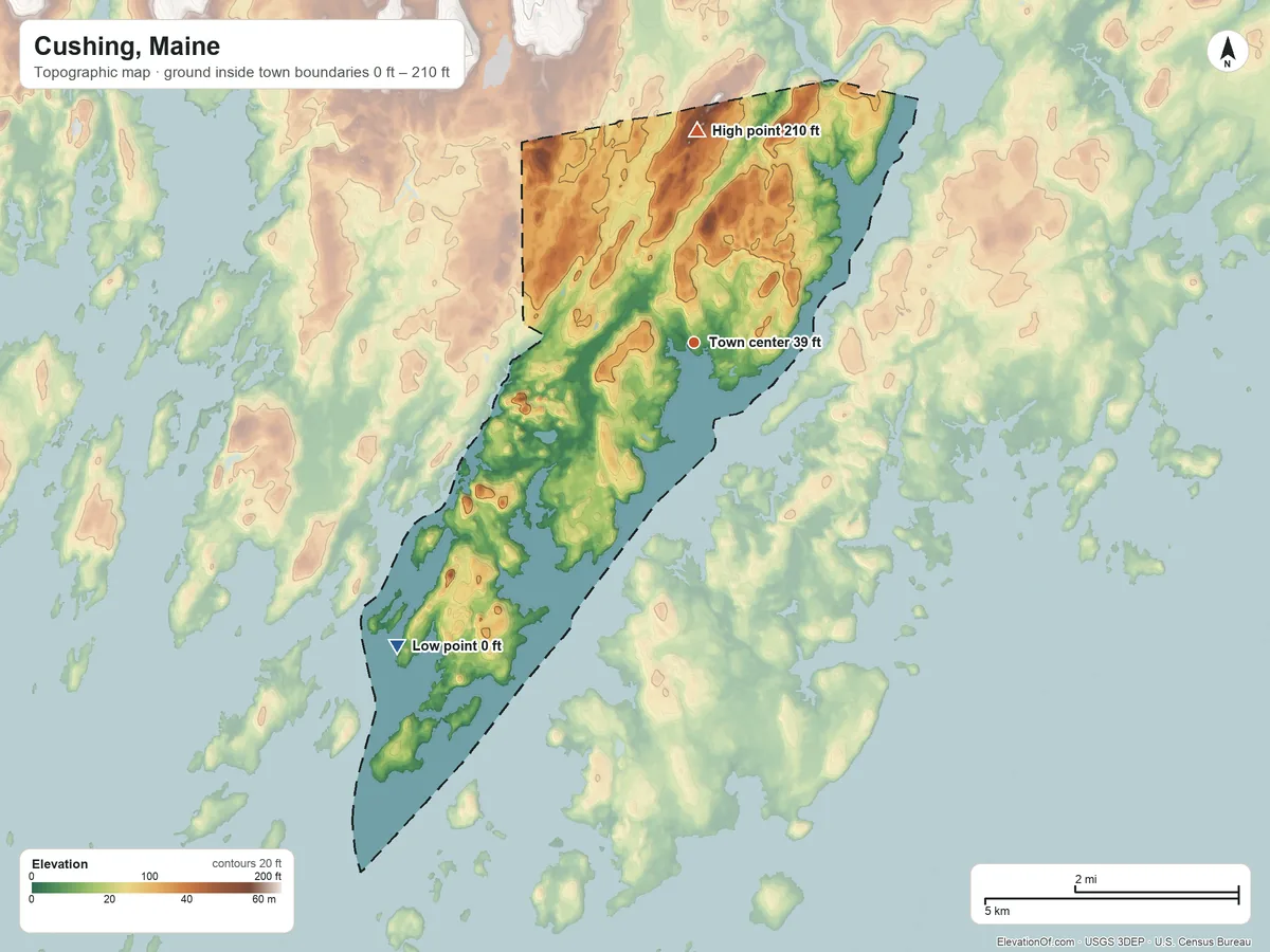 Topographic elevation map of Cushing, Maine, shaded from 0 ft on the southwest side to 210 ft on the north side