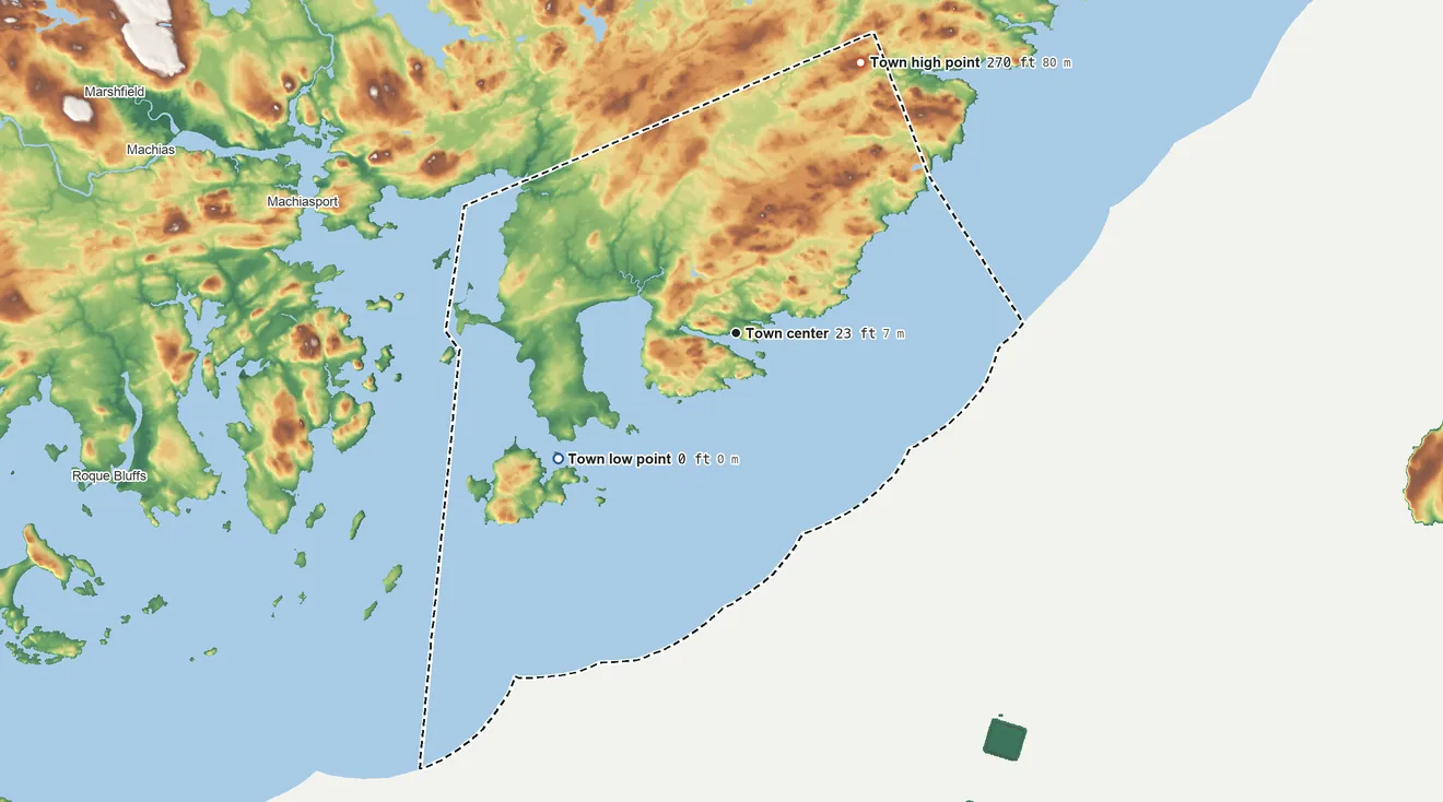 Topographic elevation map of Cutler, Maine, shaded from sea level level on the Atlantic Ocean to 270 ft on the northeast side