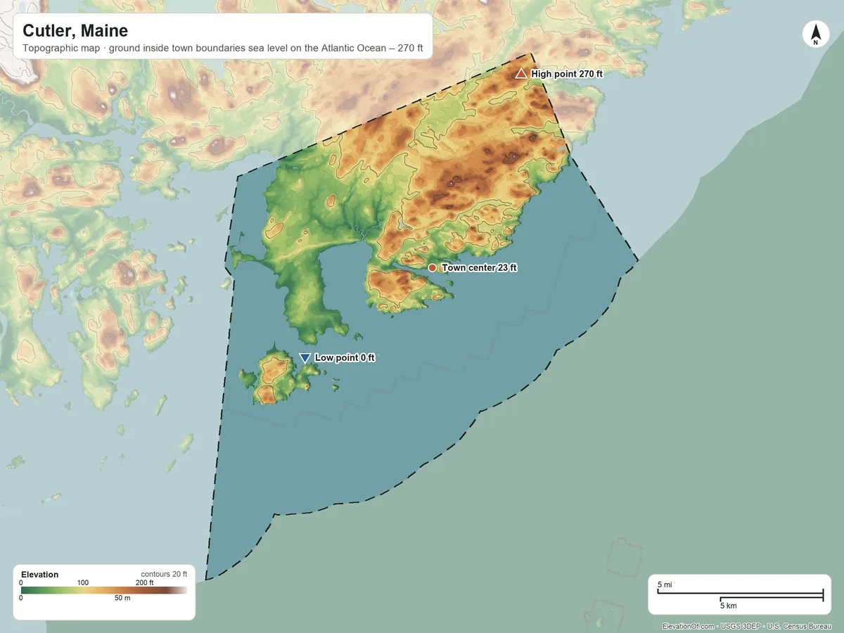 Topographic elevation map of Cutler, Maine, shaded from sea level level on the Atlantic Ocean to 270 ft on the northeast side