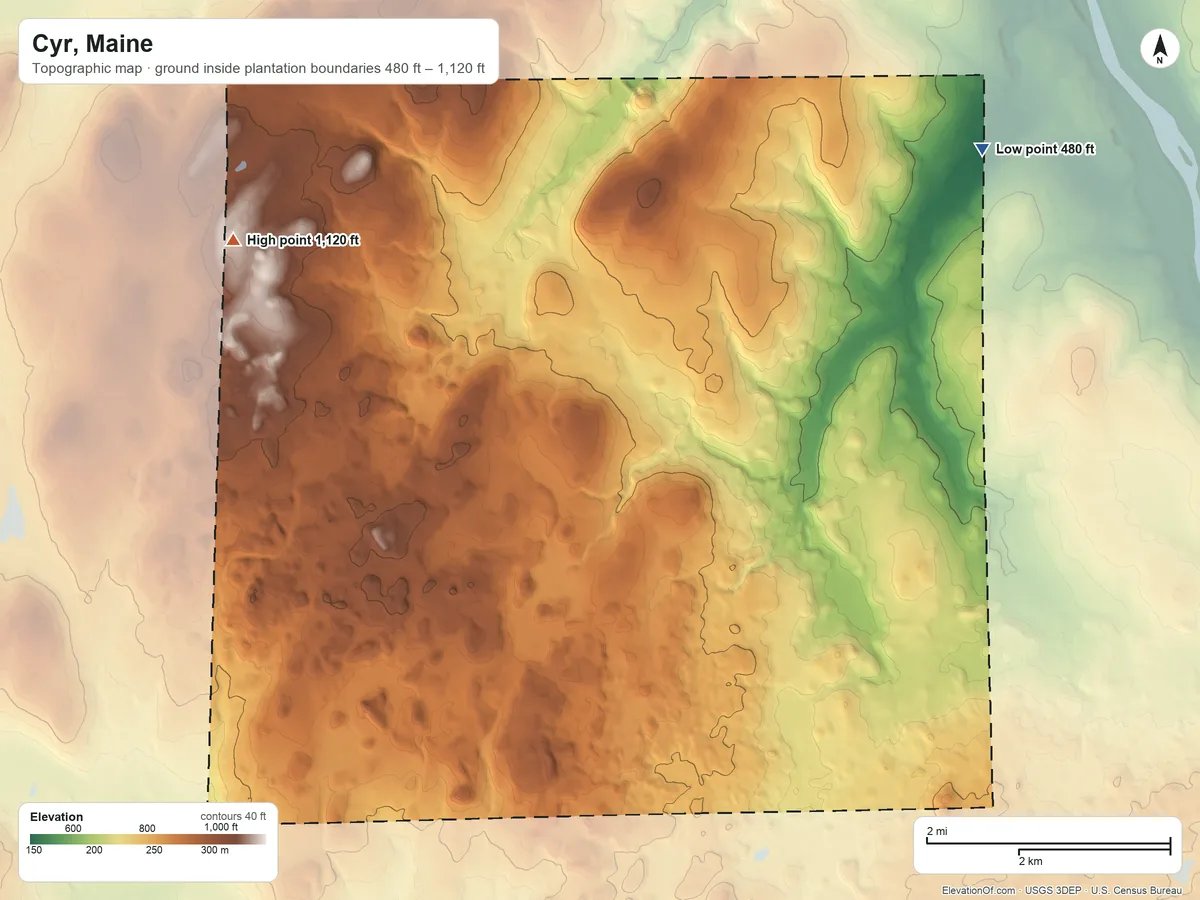 Topographic elevation map of Cyr, Maine, shaded from 480 ft on the northeast side to 1,120 ft on the west side