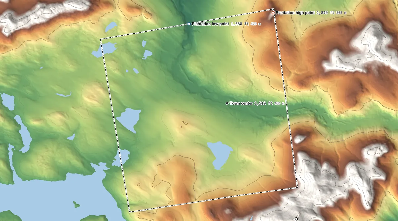 Topographic elevation map of Dallas, Maine, shaded from 1,380 ft on the northwest side to 2,840 ft on Quill Hill