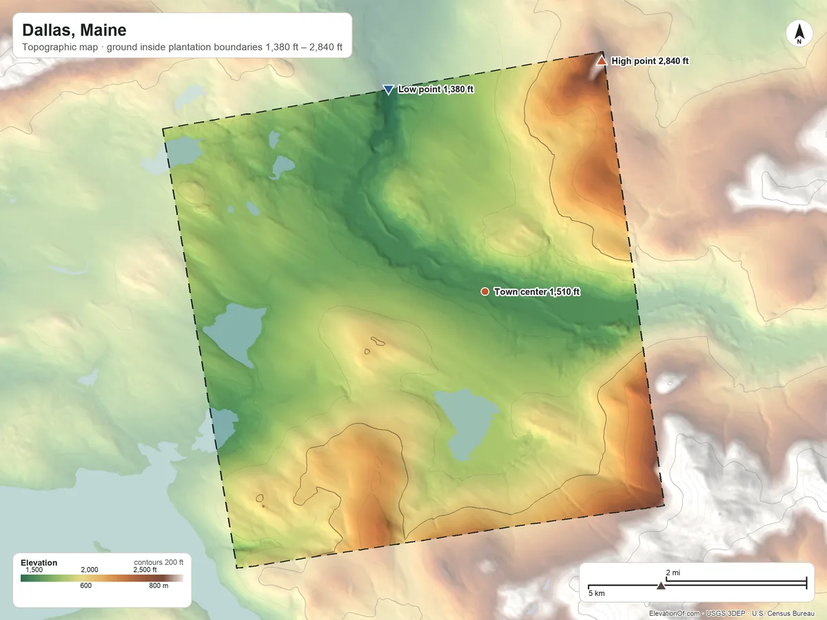 Topographic elevation map of Dallas, Maine, shaded from 1,380 ft on the northwest side to 2,840 ft on Quill Hill
