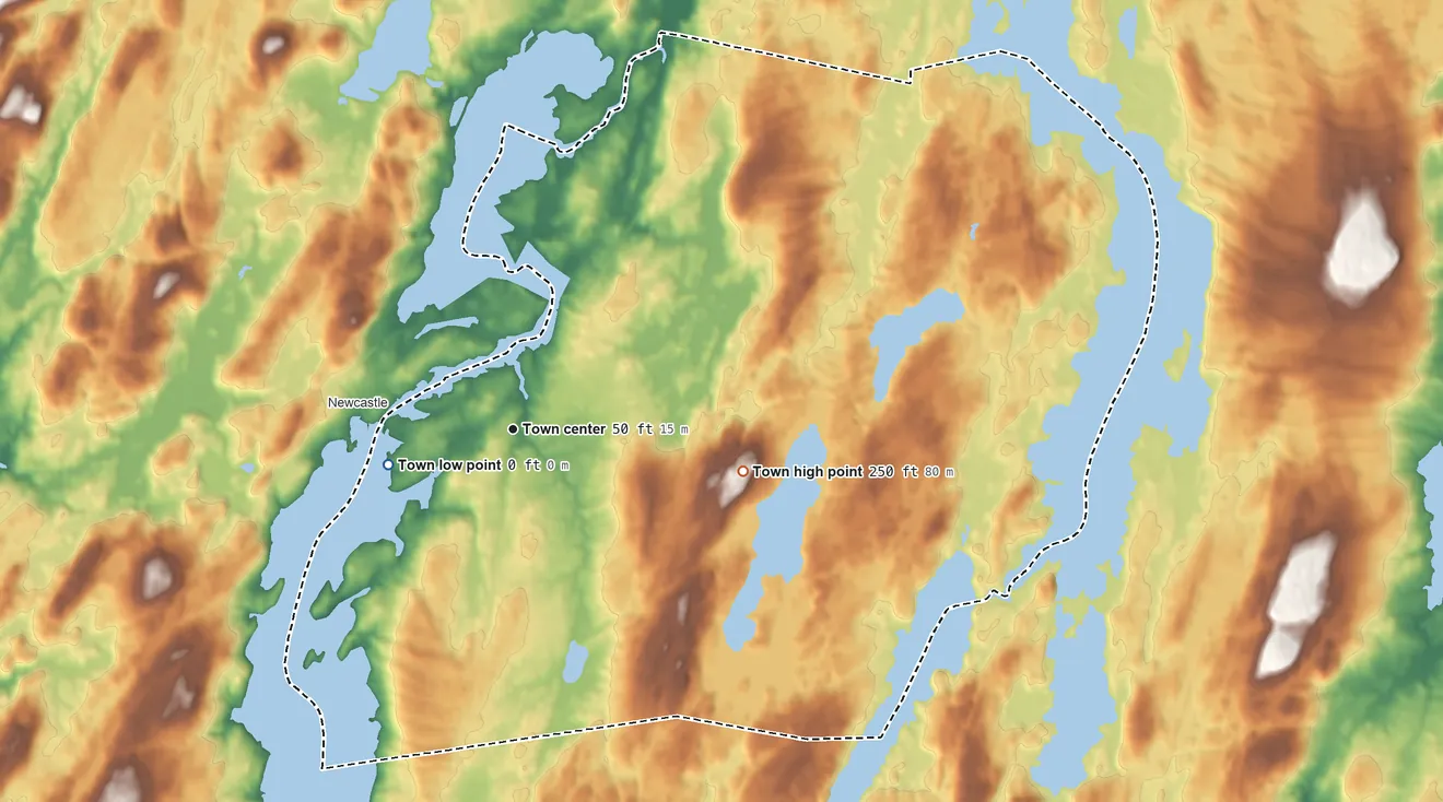 Topographic elevation map of Damariscotta, Maine, shaded from sea level level on Salt Bay to 250 ft on the east side