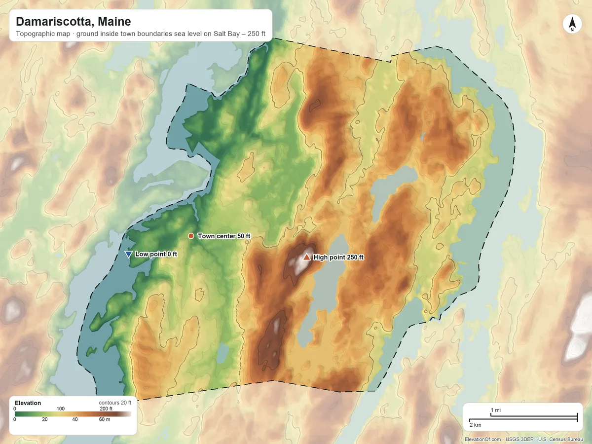 Topographic elevation map of Damariscotta, Maine, shaded from sea level level on Salt Bay to 250 ft on the east side