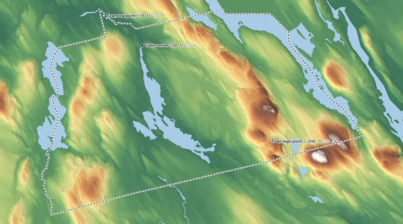 Topographic elevation map of Danforth, Maine, shaded from 370 ft on the northwest side to 1,090 ft on the southeast side