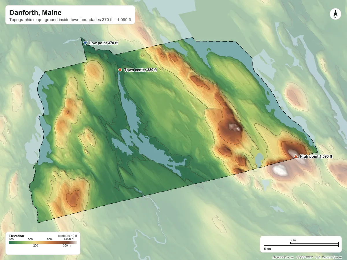 Topographic elevation map of Danforth, Maine, shaded from 370 ft on the northwest side to 1,090 ft on the southeast side