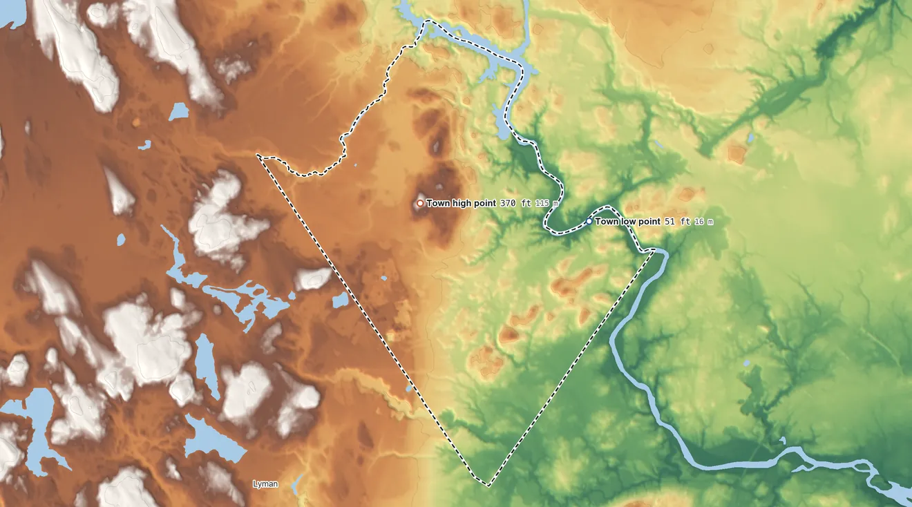 Topographic elevation map of Dayton, Maine, shaded from 51 ft on the east side to 370 ft near the middle