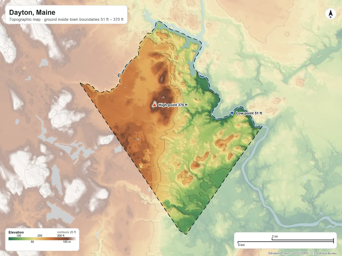 Topographic elevation map of Dayton, Maine, shaded from 51 ft on the east side to 370 ft near the middle