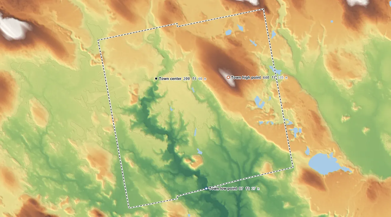 Topographic elevation map of Deblois, Maine, shaded from 87 ft on the southeast side to 440 ft on the east side
