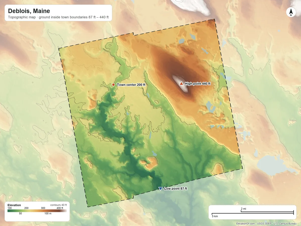 Topographic elevation map of Deblois, Maine, shaded from 87 ft on the southeast side to 440 ft on the east side