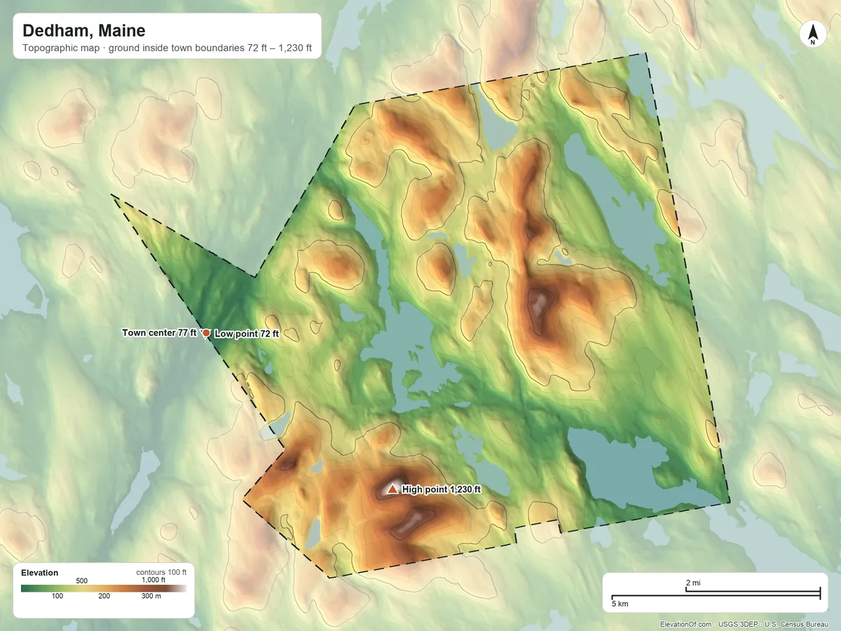 Topographic elevation map of Dedham, Maine, shaded from 72 ft near the middle to 1,230 ft on Bald Mountain