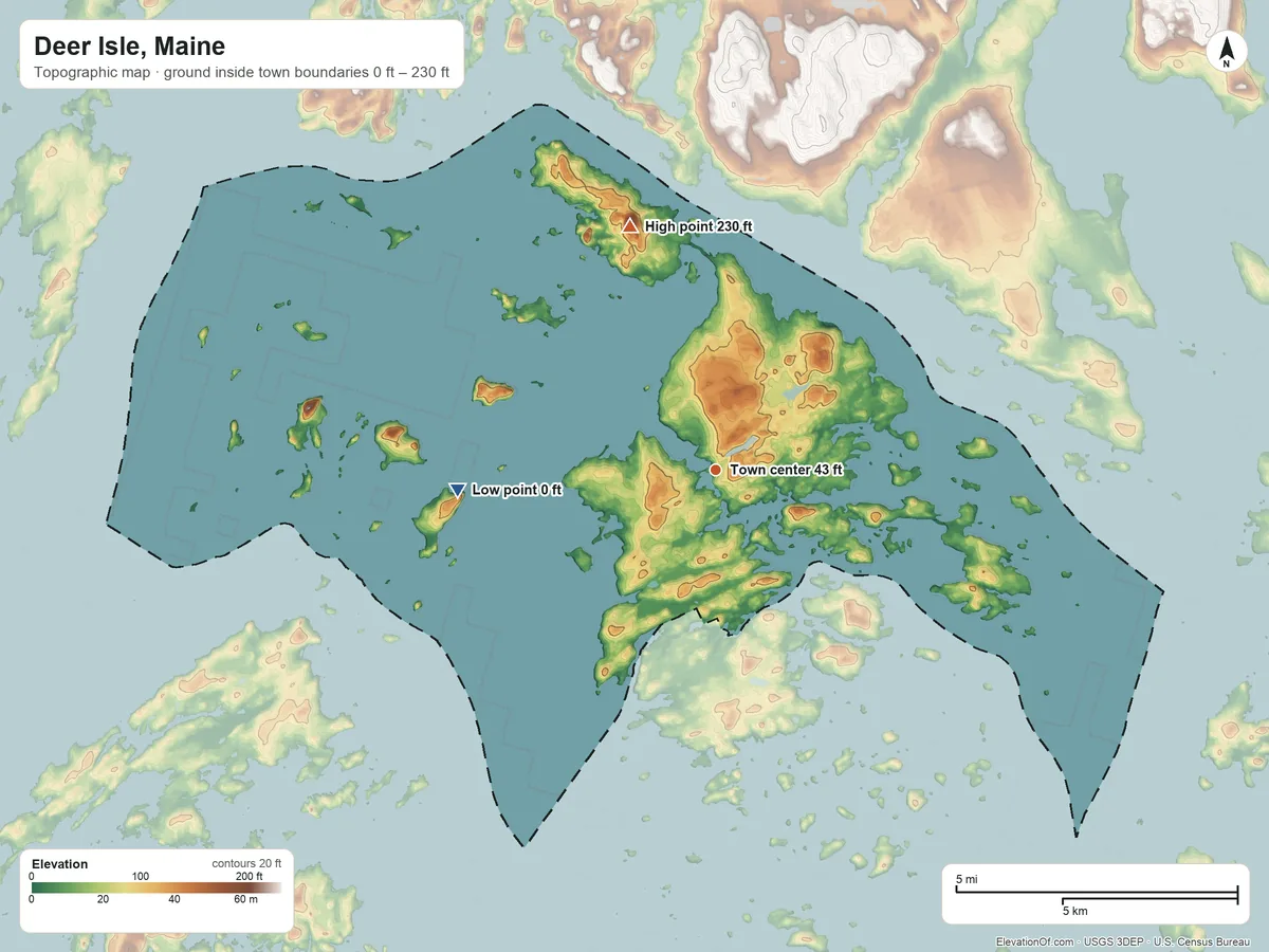 Topographic elevation map of Deer Isle, Maine, shaded from 0 ft on the west side to 230 ft on the north side