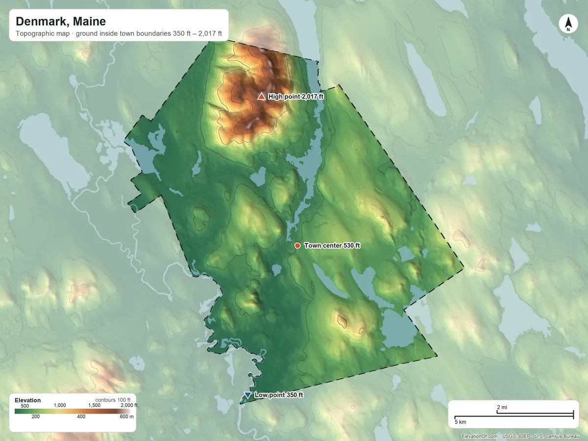Topographic elevation map of Denmark, Maine, shaded from 350 ft on the south side to 2,017 ft on Pleasant Mountain
