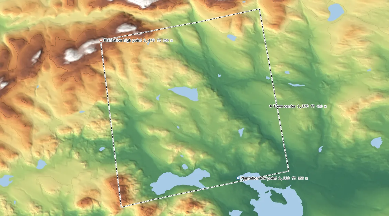 Topographic elevation map of Dennistown, Maine, shaded from 1,160 ft on the southwest side to 2,470 ft on the west side